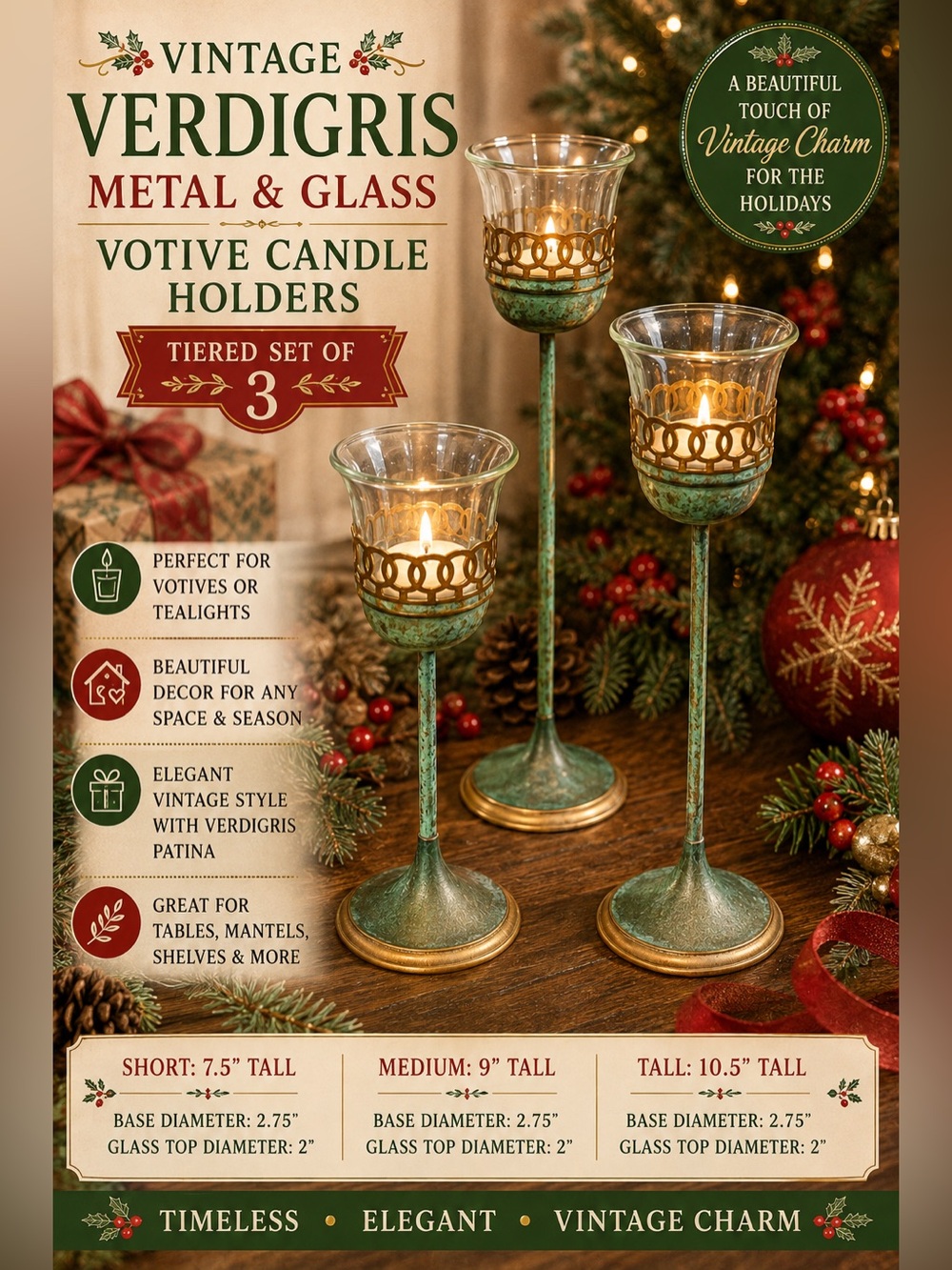 Vintage Verdigris Metal & Glass Votive Candle Holder Set - Green and Gold